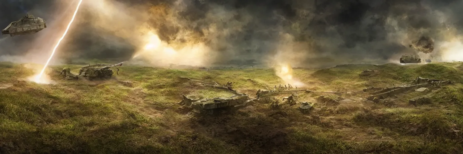 Image similar to natural looking fight landscape of ww 1 deep trenches with fortifications, soldiers fighting with aliens fro resistance game, green gas spreading across land, futuristic tank is on fire, ground explosion in the background, alien mothership in the sky, hyper realistic, highly detailed, dramatic lighting, raytarced, god rays, 4 k, 8 k, matte painting