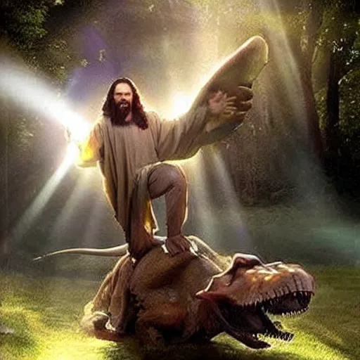 Image similar to jesus christ riding a trex, amazing lighting, heavenly