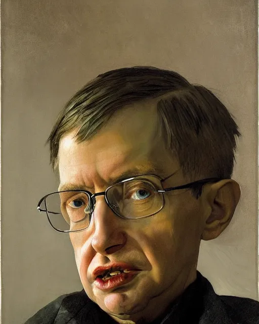 Prompt: painterly portrait, stephen hawking, impasto, fantasy, chuck close:7, carl spitzweg:7, cinematic light, full face, symmetrical face