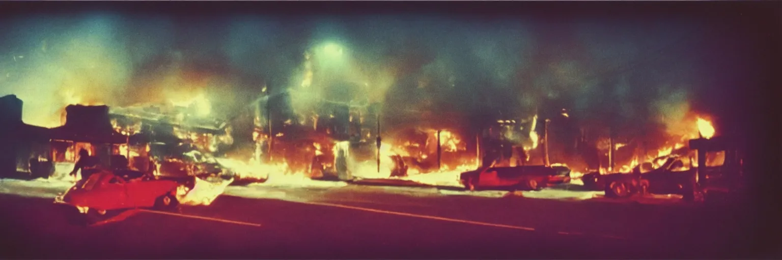 Image similar to 8 0 s polaroid photo, cinema still from david lynch movie, sleazy man watching night streets while a house burns in the background of suburbs, colorful haze, americana, high production value, 8 k resolution, hyperrealistic, hdr, photorealistic, high definition, high details, tehnicolor, award - winning photography, masterpiece, amazing colors