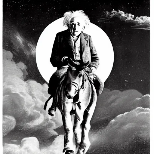 Image similar to albert einstein riding on a rocket through the evening sky