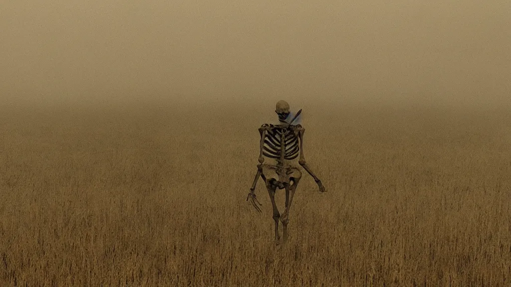 Image similar to a skeleton standing in a stomry, foggy wheat field, in the style of andrew wyeth, fine details