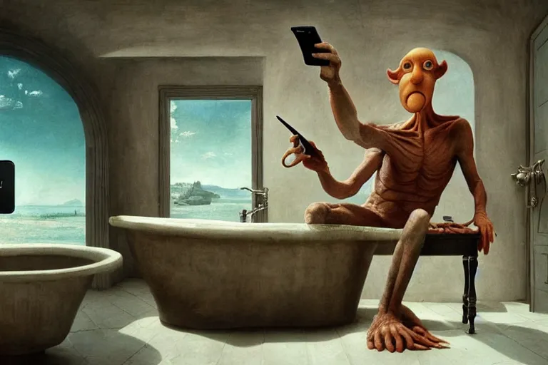 Image similar to hyperrealism aesthetic ridley scott and caravaggio and denis villeneuve style photography of a detailed giant squidward, siting on a detailed ultra huge toilet and scrolling his smartphone in surreal scene from detailed art house movie in style of alejandro jodorowsky and wes anderson