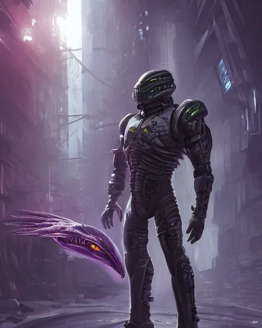 Image similar to Sci-Fi Crocodile hero alien, armored, art by Kashin, Wadim, Martinière, Stephan, holding rifle, sharp focus, pitch black infested Spaceship hallway, dark light, soft purple glow, heroic pose, sci-fi artwork, octane render, dead space artwork, cyberpunk, warm light, occult, magical, volumetric lighting, 8k high definition, highly detailed, trending on art Station, centered, by Greg Rutkovski, sci-fi artwork, arnold render