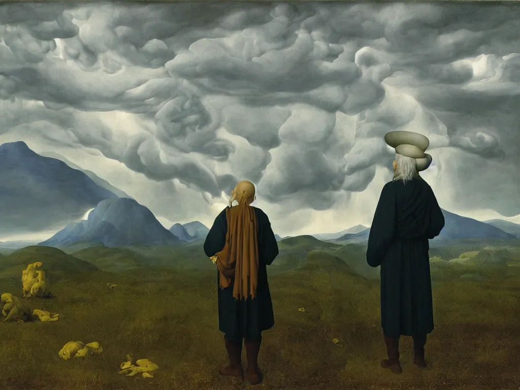 Prompt: albino mystic, with his back turned, looking at a storm over over the mountains in the distance, with strange hallucination, optical illusion. Painting by Jan van Eyck, Audubon, Rene Magritte, Agnes Pelton, Max Ernst, Walton Ford