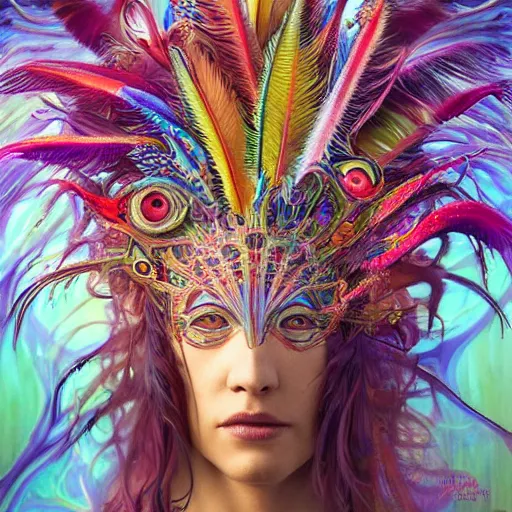 Image similar to A reality bending psychedelic ayahuasca experience, colorful, distorted, surreal, tropical bird feathers, bones and teeth necklaces, dramatic lighting on the face, intricate, elegant, highly detailed, digital painting, concept art, smooth, sharp focus, illustration, art by Krenz Cushart and Wayne Barlowe and alphonse mucha