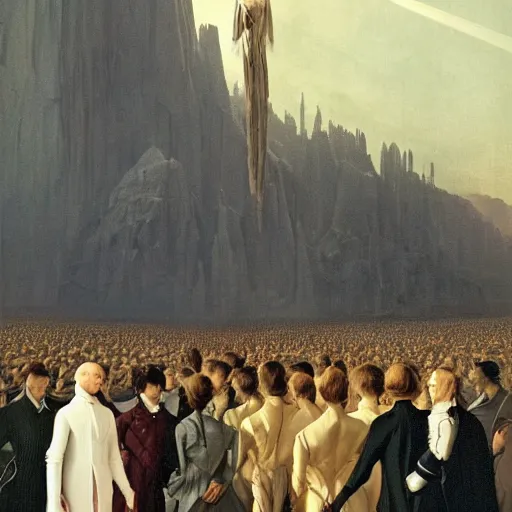 Prompt: portrait of a regal prince in futuristic white clothes, high collar, sharp cheekbones, hopeful expression, surrounded by a crowd of furious people, matte painting, digital art, chesley bonestell, caspar david friedrich