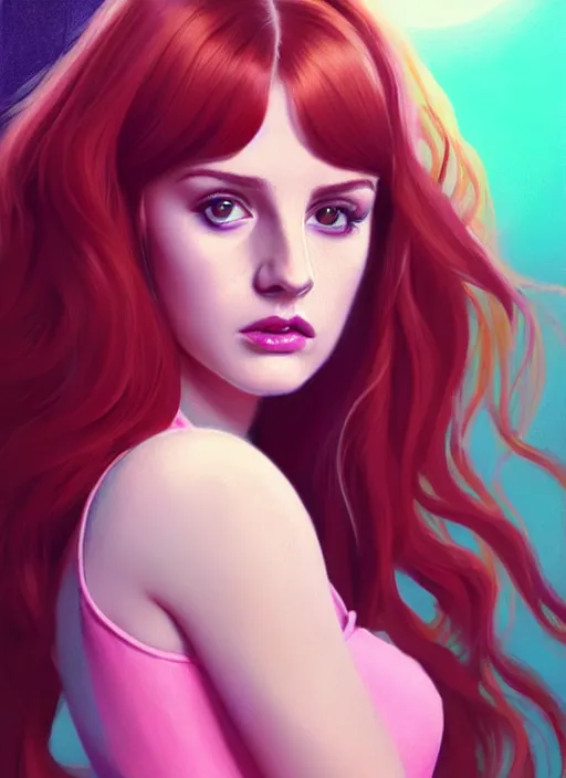 Image similar to full body portrait of teenage cheryl blossom, bangs, green eyes, sultry expression, red hair, sultry smirk, bangs and wavy hair, pink skirt, bangs, intricate, elegant, glowing lights, highly detailed, digital painting, artstation, concept art, smooth, sharp focus, illustration, art by wlop, mars ravelo and greg rutkowski