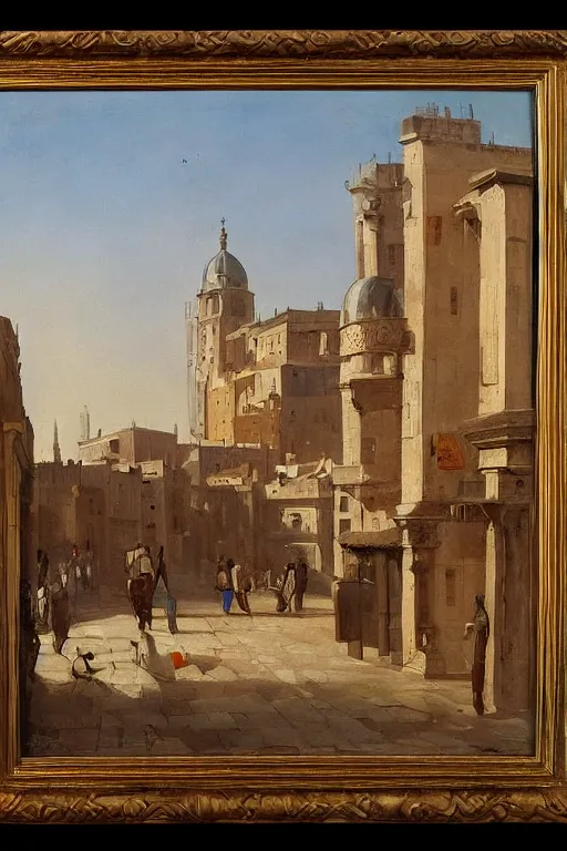 Prompt: painting of view of old European city with mix of middle eastern architecture fusion, photoreal, morning city view , painting by Charles Leickert , old master painting