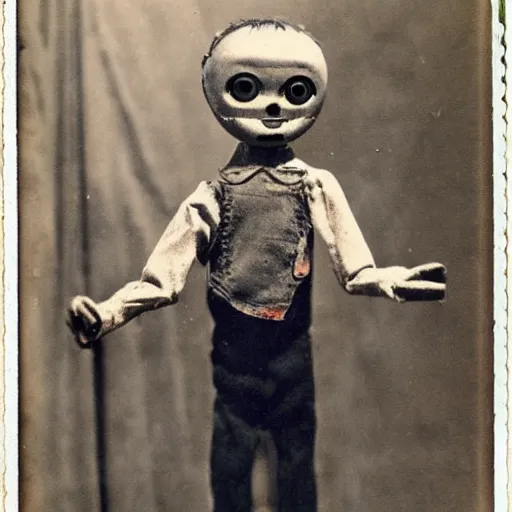 Image similar to creepy marionette puppet, clockwork horror, pediophobia, lost photograph, forgotten, final photo found before disaster, polaroid,