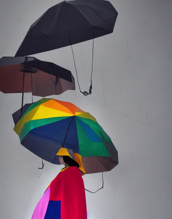 Image similar to close - up portrait of an empty slick fashionable zara raincoat floating suspended mid - air on a rainy display designed by james terrell, wes anderson, okuda, symmetry, rule of thirds