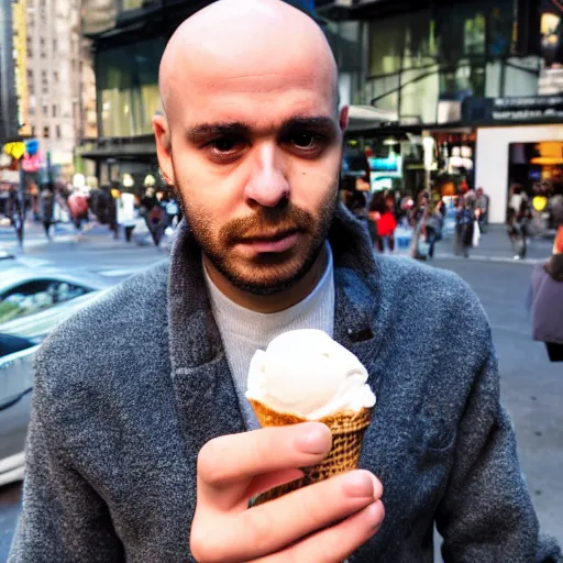 Image similar to a very sad man holding a very tiny cup of ice cream in nyc. photograph.