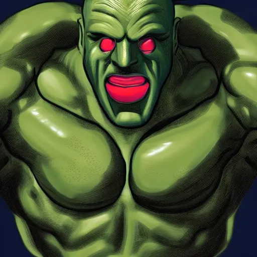 Prompt: green man with ginormous muscles no nose big beady eyes in a wasteland bald