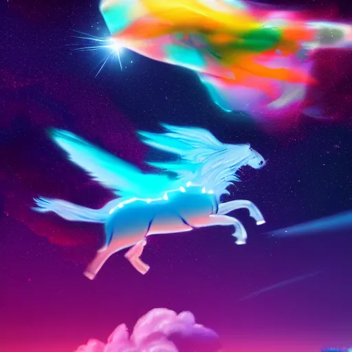 Prompt: a pegasus flying by, clouds, nebulae, starburst, neon colors, dreamy, phone wallpaper, 4 k, unreal engine, artstation, colorful, beautiful
