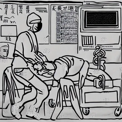 Image similar to chinese surgeons operating on a body on an operating table, in the style of daniel johnston and outsider art, 8k, line brush, minimal, overlaid with chinese adverts