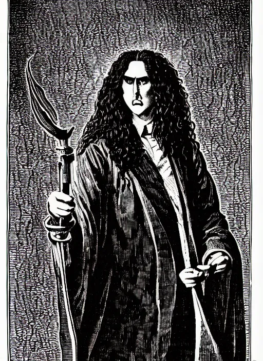 Image similar to illustration of weird al yankovic as a demon from the dictionarre infernal, etching by louis le breton, 1 8 6 9, 1 2 0 0 dpi scan, ultrasharp detail, clean scan