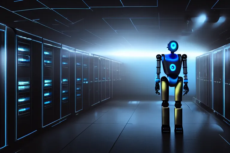 Prompt: full body robot with human mask on wheels, background data server room, neon and dark, illumination ray tracing hdr render in i am robot movie shot