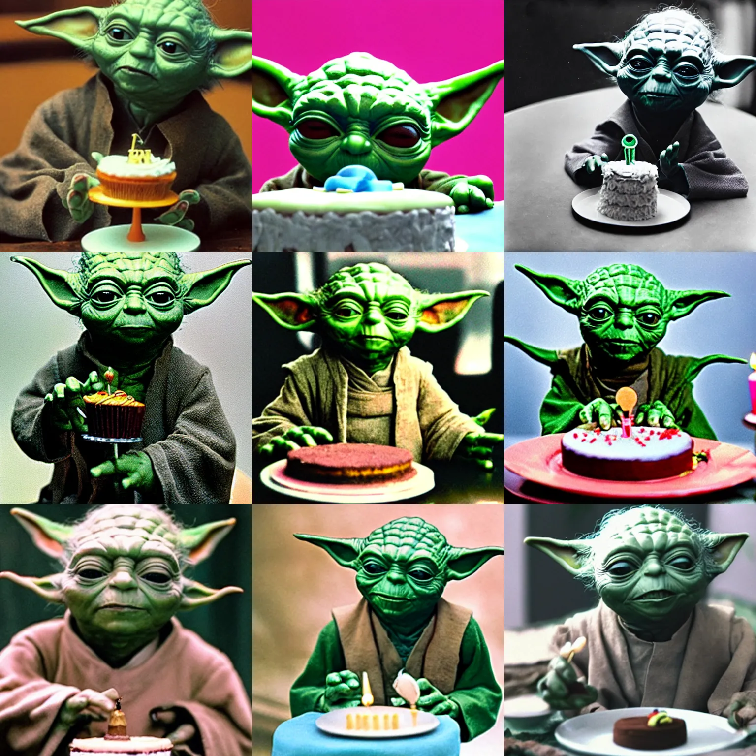 Prompt: a photograph of yoda eating a fancy birthday cake