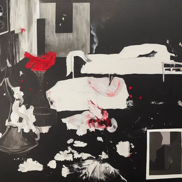 Image similar to bedroom with black walls and a futon, sensual portrait of a woman sleeping, cracked handmade pottery vase, torn paper smouldering smoke, candles, white flowers on the floor, puddle of water, octopus, squashed berries, neo - expressionism, surrealism, acrylic and spray paint and oilstick on canvas