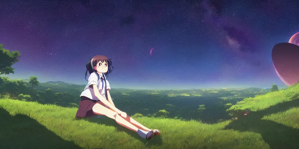 Image similar to a schoolgirl girl sat on the hillside and looked at the stars in the night sky, midnight, spectacular milky way, shining meteor, official media, anime key visual, detailed, artwork by makoto shinkai. - h 5 7 6