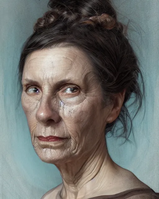 Image similar to portrait 6 0 - year - old woman, tall, severe - looking, with dark hair tied up in a bun, hyper realistic face, beautiful eyes, fantasy art, in the style of greg rutkowski, intricate, alphonse mucha, hyper detailed, smooth