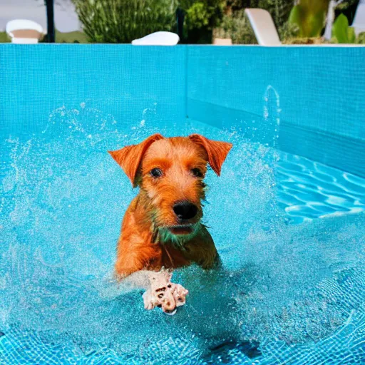 Prompt: ginger small terrier dog swimming in a pool full of peanuts