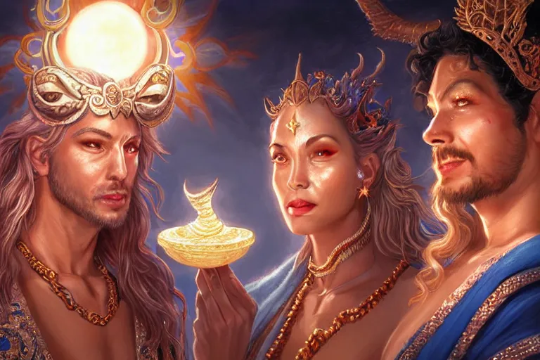 Image similar to close up moment of a divine a sun god and a moon goddess lovers magician at a wedding banquet, highly detailed, d & d, fantasy, highly detailed, digital painting, trending on artstation, concept art, sharp focus, illustration, art by artgerm and greg rutkowski and magali villeneuve