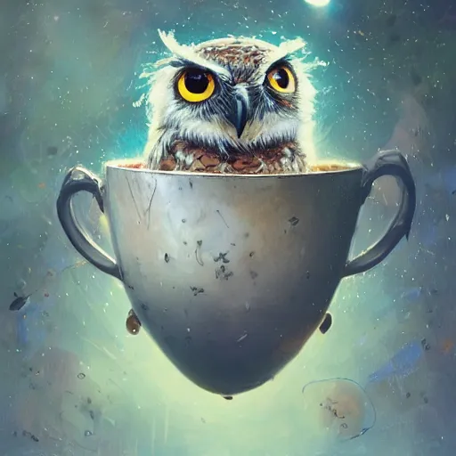 Image similar to long shot of a very cute owl chick nesting in a very futuristic cup, esao andrews, m. w. kaluta, john berkey, humorous illustration, hyperrealistic, big depth of field, warm colors, night scenery, low light, 3 d octane render, 4 k, conceptart, hyperdetailed, hyperrealistic, trending on artstation