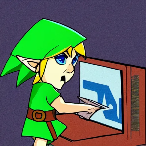 Prompt: link from the legend of zelda reading a news bulletin from a teleprompter, digital art