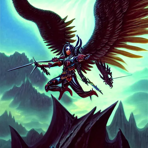 Image similar to painting of a fallen angel paladin with big burnt wings reaching the summit of a haunted mountain, sharp focus, award - winning, trending on artstation, masterpiece, highly detailed, intricate. art by terese nielsen