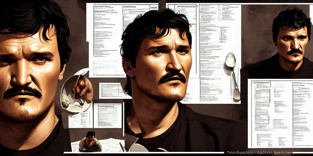 Image similar to pedro pascal eating dinner, character sheet, storyboard, character design, contrast, deep focus, turnaround, highly detailed, dramatic lighting, digital painting, artstation, concept art, matte, sharp focus, illustration, elegant, art by artgerm and greg f and alphonse mucha.