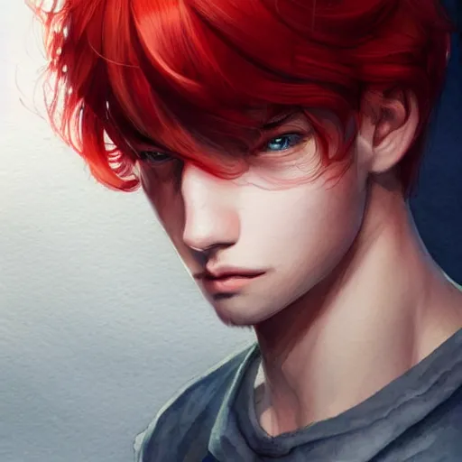Image similar to young boy, red hair, gorgeous, amazing, elegant, intricate, highly detailed, watercolor digital painting, artstation, concept art, sharp focus, illustration, art by Ross tran