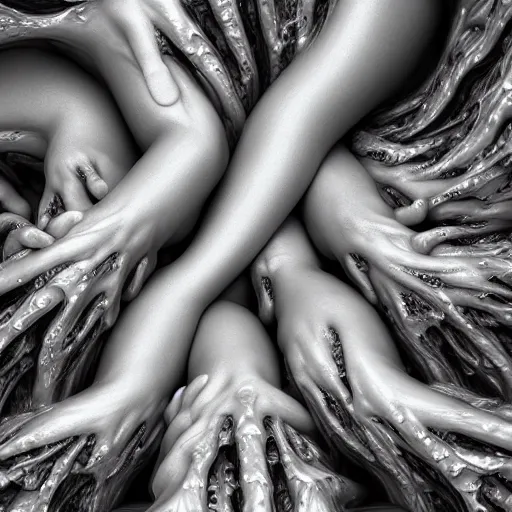 Image similar to closeup of beautiful human bodies intertwined, 3 d fractals, mandelbulb, dripping wet, skin, macro photography, highly detailed, hyperrealism, cinematic