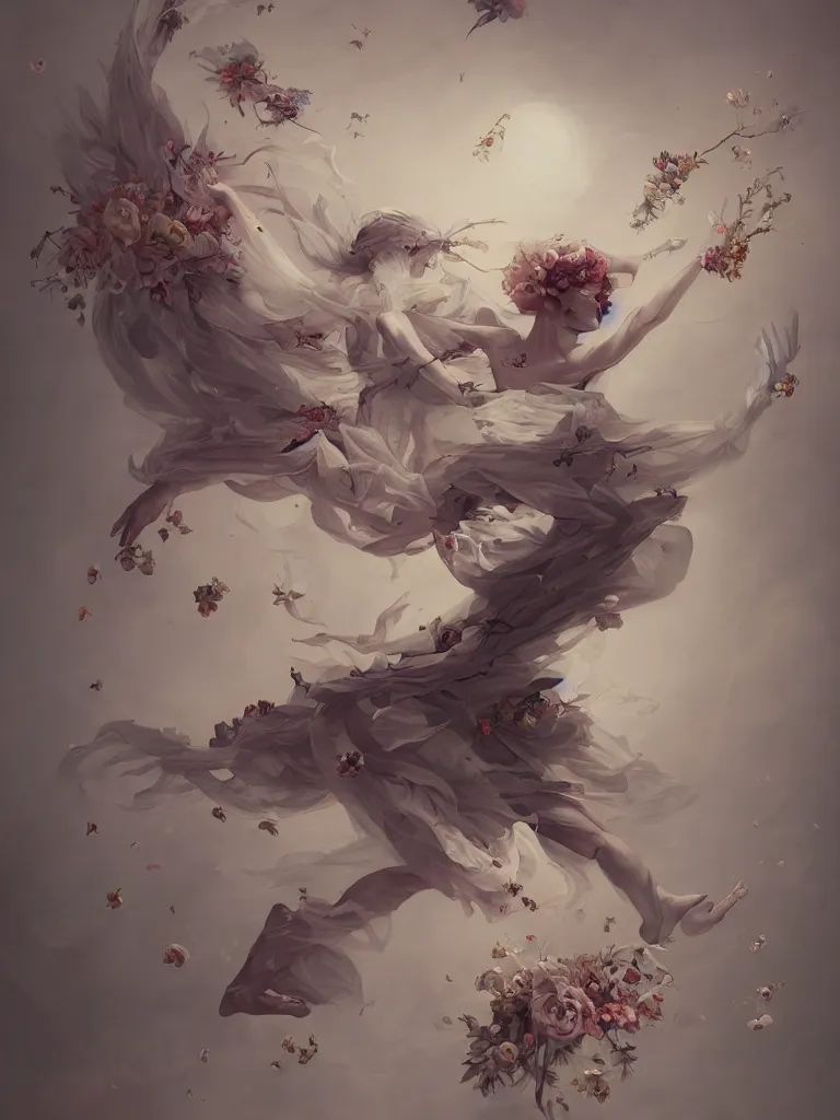 Image similar to a fashion portrait of a corpse covered in flowers flying in a dynamic pose, in the style of peter mohrbacher, highly detailed, soft lighting, art nouveau patterns, trending on artstation