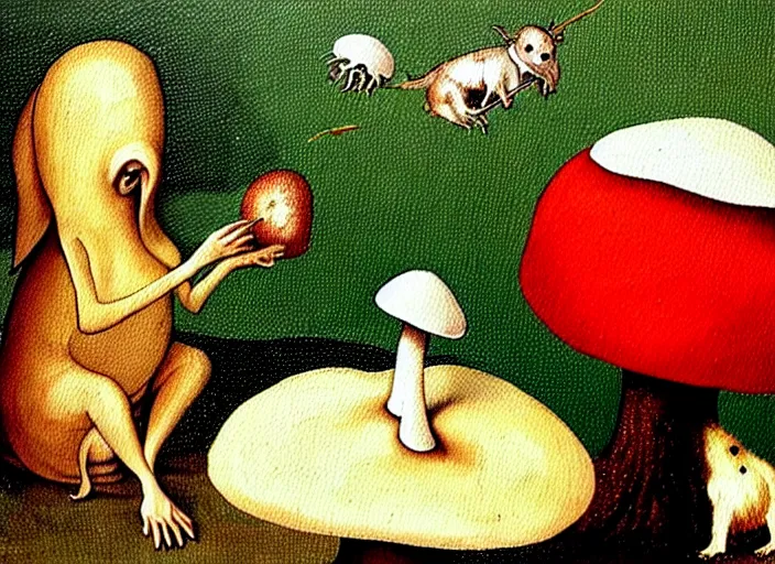 Image similar to a painting of a cute creature sitting next to a mushroom, detailed, realistic, in style of hieronymus bosch