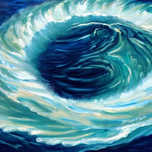 Image similar to a detailed oil painting of a whirlpool in the middle of the ocean