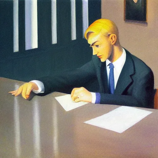 Image similar to a detailed painting, blonde man at a office desk, edward hopper,