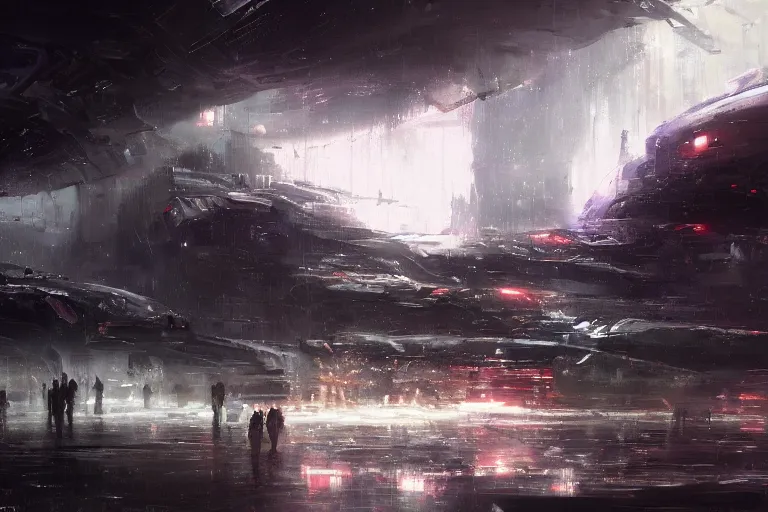 Image similar to scifi landscape dark crowded people vehicle spaceship overcast rainstorm by wadim kashin