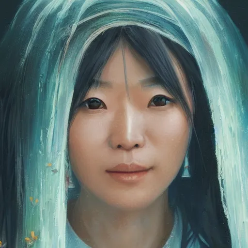 Image similar to portrait of a young okinawan woman ( 3 5 ) from okinawa, japan in 2 0 2 1, an oil painting by ross tran and thomas kincade