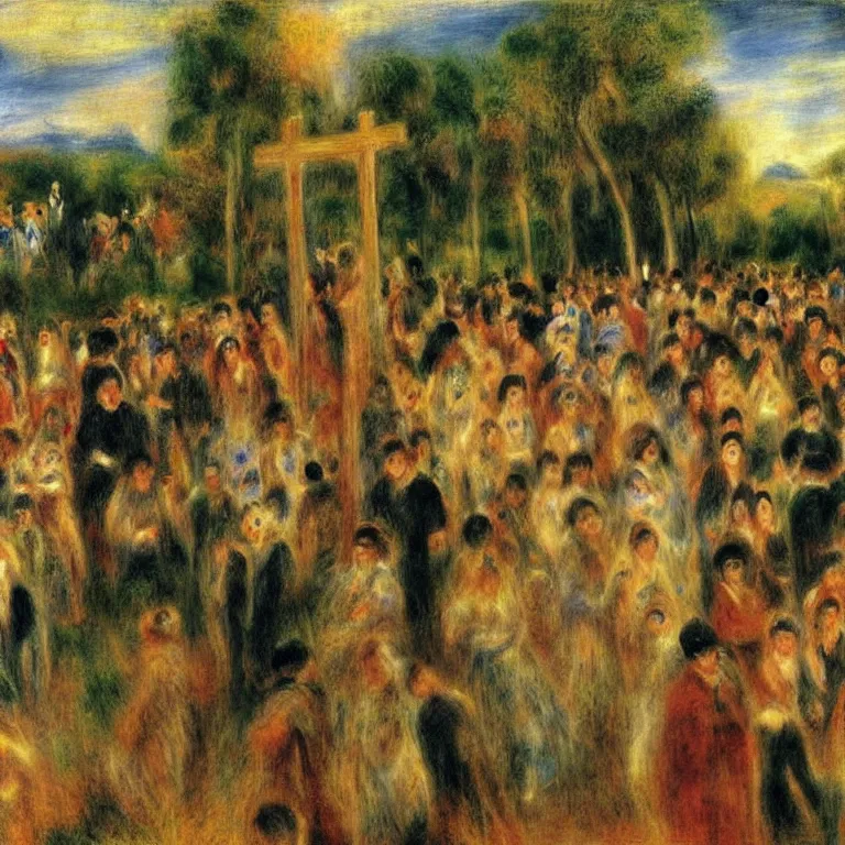 Image similar to A Holy Week procession of souls in a lush Spanish landscape at night. A figure at the front holds a cross. Pierre-Auguste Renoir (1880).