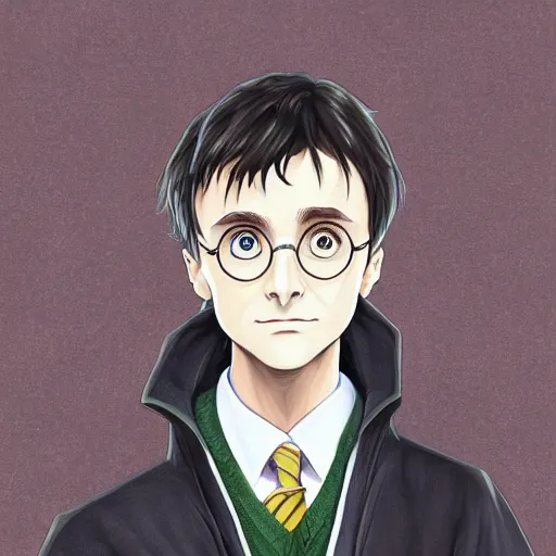 Image similar to portrait of harry potter in anime style, highly detailed, centered, solid color background, digital painting