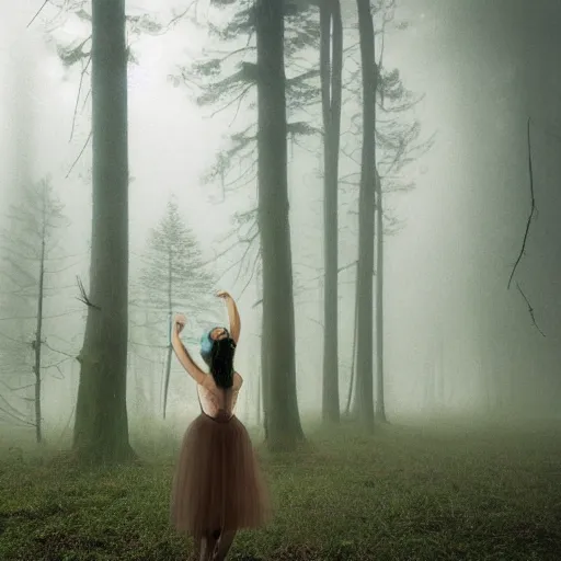 Image similar to an intricate ballerina in the middle of the forest, landscape, moody, fog, cinematic