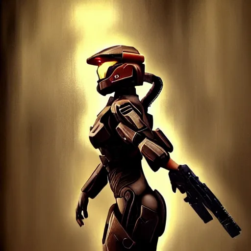 Image similar to A combination of Ada Wong's and Grace Kelly's and Ashley Greene's appearances with blonde hair wearing Master Chief's armor from Halo, high tech, action shot, angular, full body portrait, futuristic, dramatic, fantasy, intricate, elegant, highly detailed, digital painting, artstation, concept art, matte, sharp focus, illustration, art by Donato Giancola and James Gurney