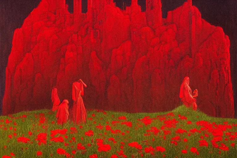 Image similar to only with red, red flowers of different types, red castle in background, red medieval big goblins, in the style of beksinski, parts by edward hopper, parts by rodcenko, parts by yue minjun, intricate and epic composition, red by caravaggio, insanely quality, highly detailed, masterpiece, red light, artstation, 4 k