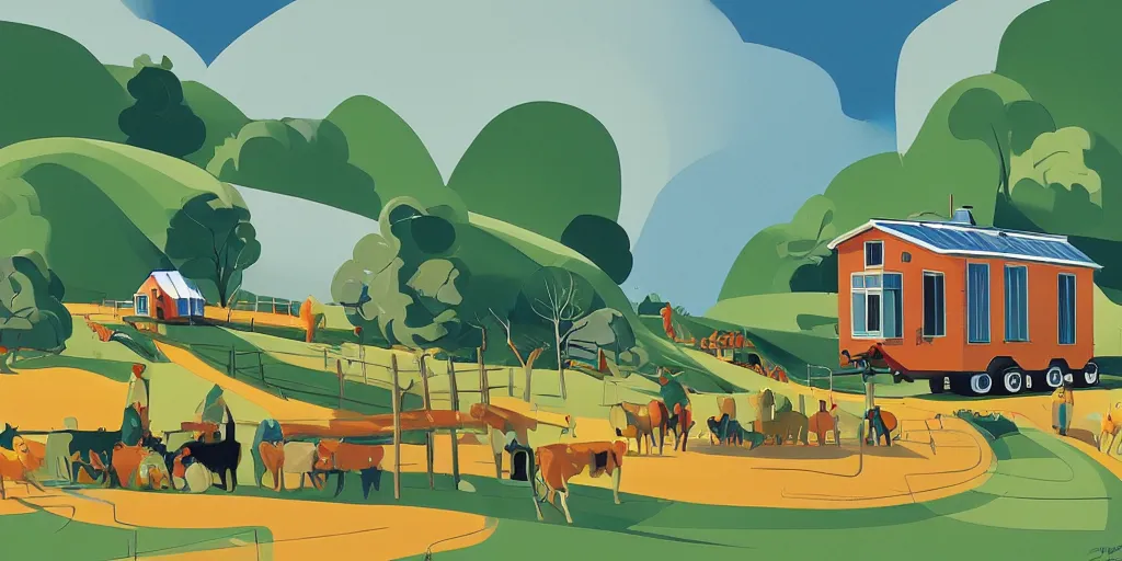 Prompt: wheeled tiny house community on a farm, gouache, animated film, stylised, illustration, by eyvind earle, scott wills, genndy tartakovski, syd mead