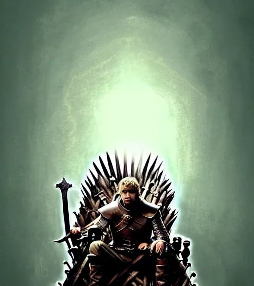 Image similar to portrait of a king ( game of thrones ) sitting on the throne made of fallen wood by atey ghailan, by greg rutkowski, by greg tocchini, by james gilleard, by joe fenton, by kaethe butcher, dynamic lighting, gradient light blue, brown, blonde cream and white color scheme, grunge aesthetic