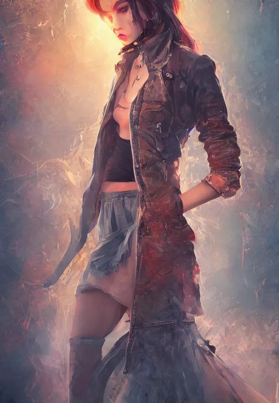 Prompt: full body illustration of a girl with eyes that burn like cigarettes wearing a short skirt and a long jacket with fingernails that shine like justice, dramatic lighting, photorealistic, full body portrait, detailed anatomy, extreme detail, 4 k, colorful, confident, artgerm and ben lo and mucha, octane render, detailed face, f / 2. 8