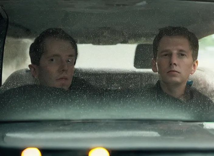 Image similar to A very high resolution image from a new movie, inside of a car, raining, hot, directed by wes anderson