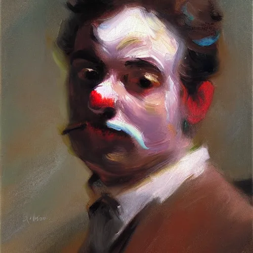 Image similar to detailing character concept portrait of clown by John Singer Sargent, on simple background, oil painting, middle close up composition