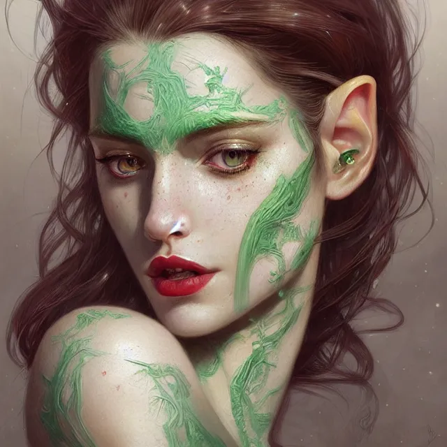 Prompt: portrait of a female face, elf, green eyes, long eyelashes, red plump lips, freckles, long black hair, dark fantasy, intricate, elegant, highly detailed, digital painting, artstation, concept art, smooth, sharp focus, illustration, art by artgerm and greg rutkowski and alphonse mucha, wlop